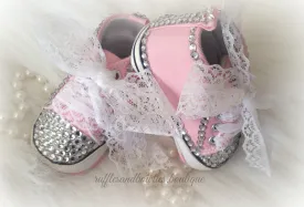 Baby Girl Crystal Converse Shoes - Pink High tops blinged out with Crystals and Lace for Ribbons