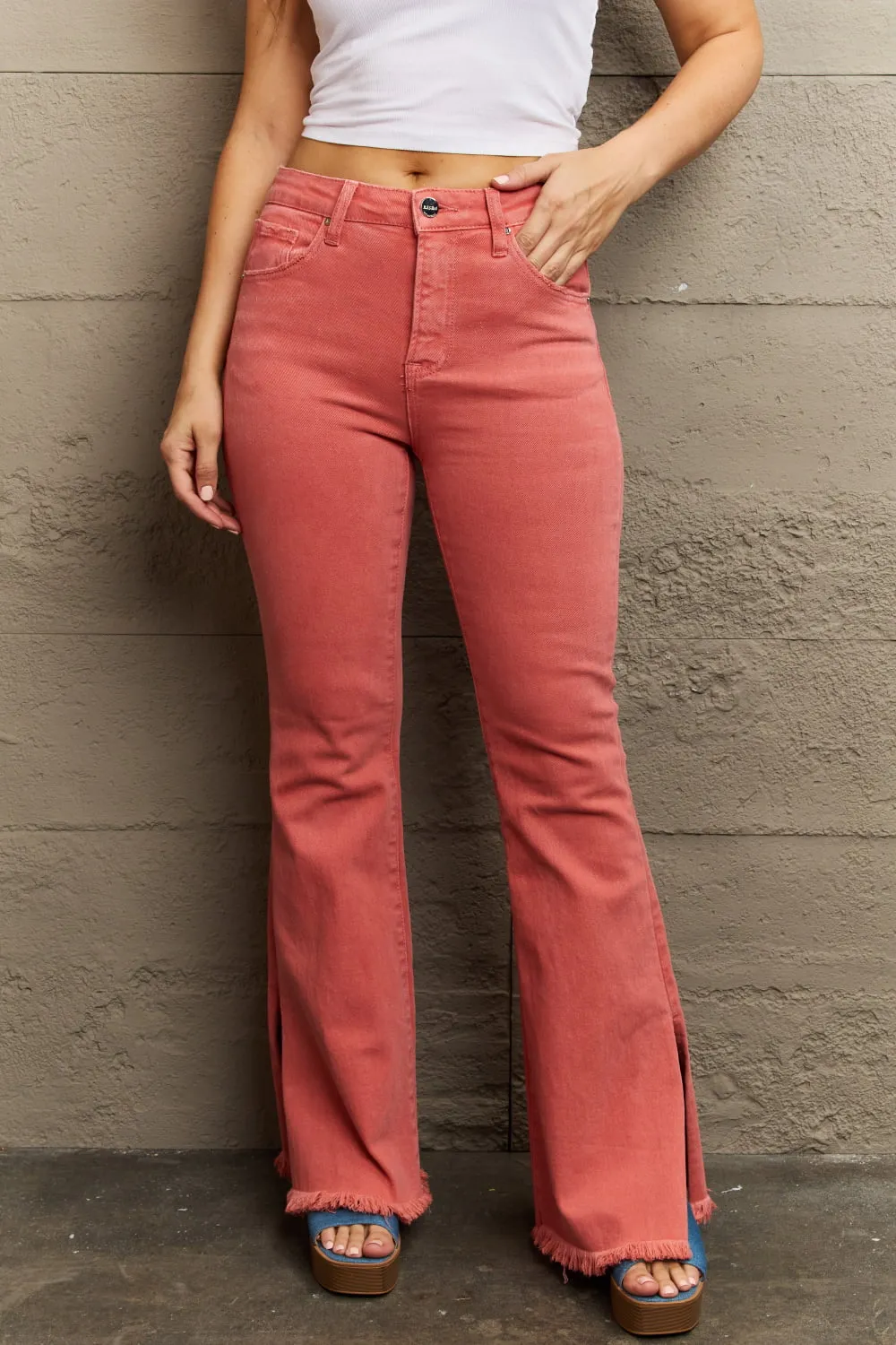 Bailey High Waist Side Slit Flare Jeans in Coral