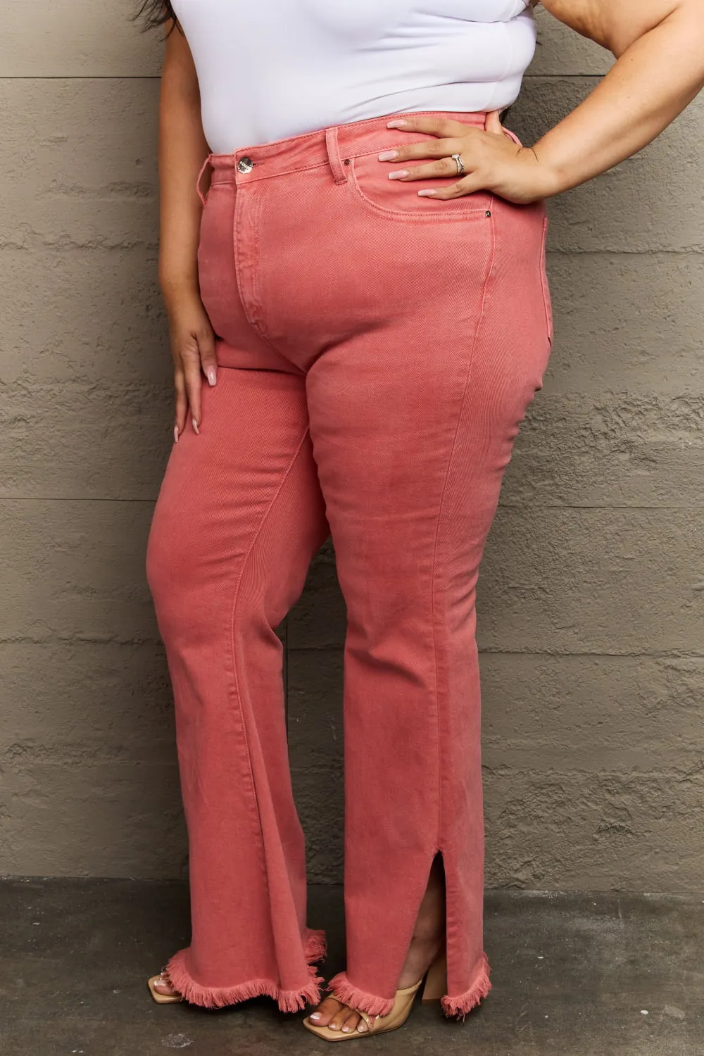 Bailey High Waist Side Slit Flare Jeans in Coral