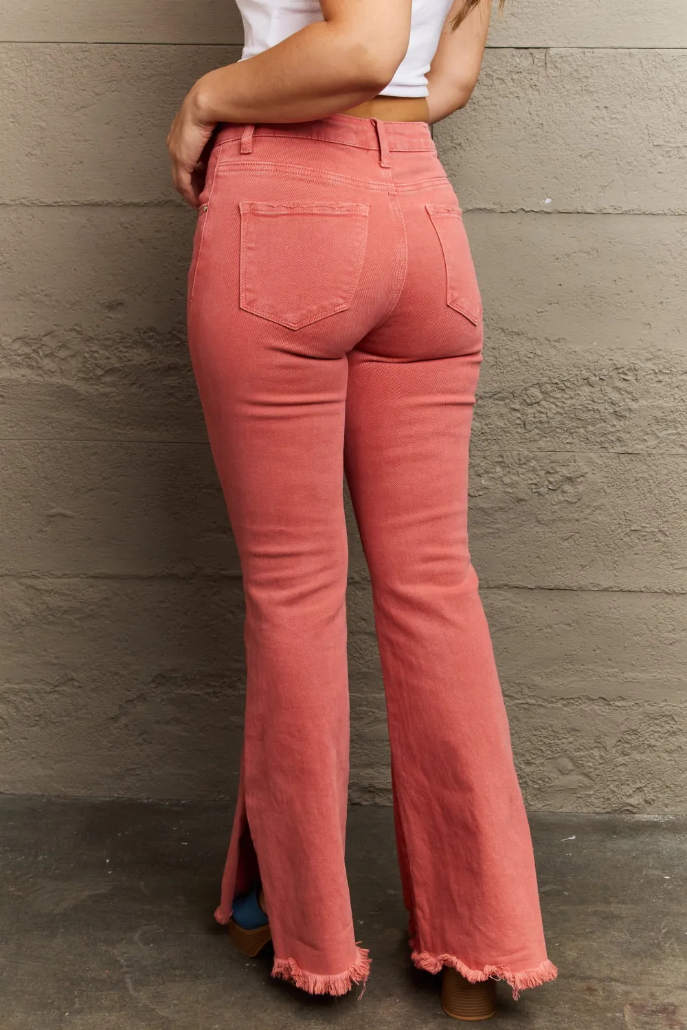 Bailey High Waist Side Slit Flare Jeans in Coral