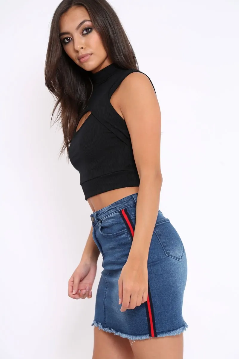 Black High Neck Cut Out Ribbed Crop Top - Jessica