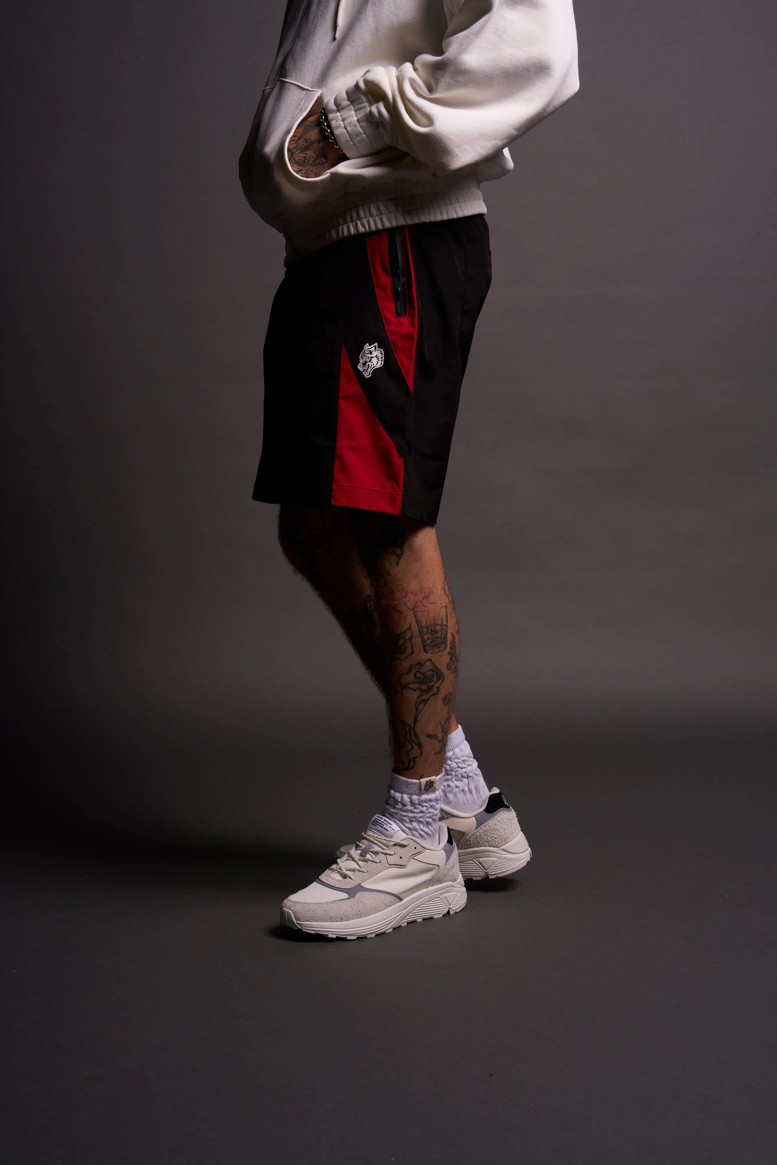 Dual Wolf Chopper Brolic Track Shorts in Black/Red