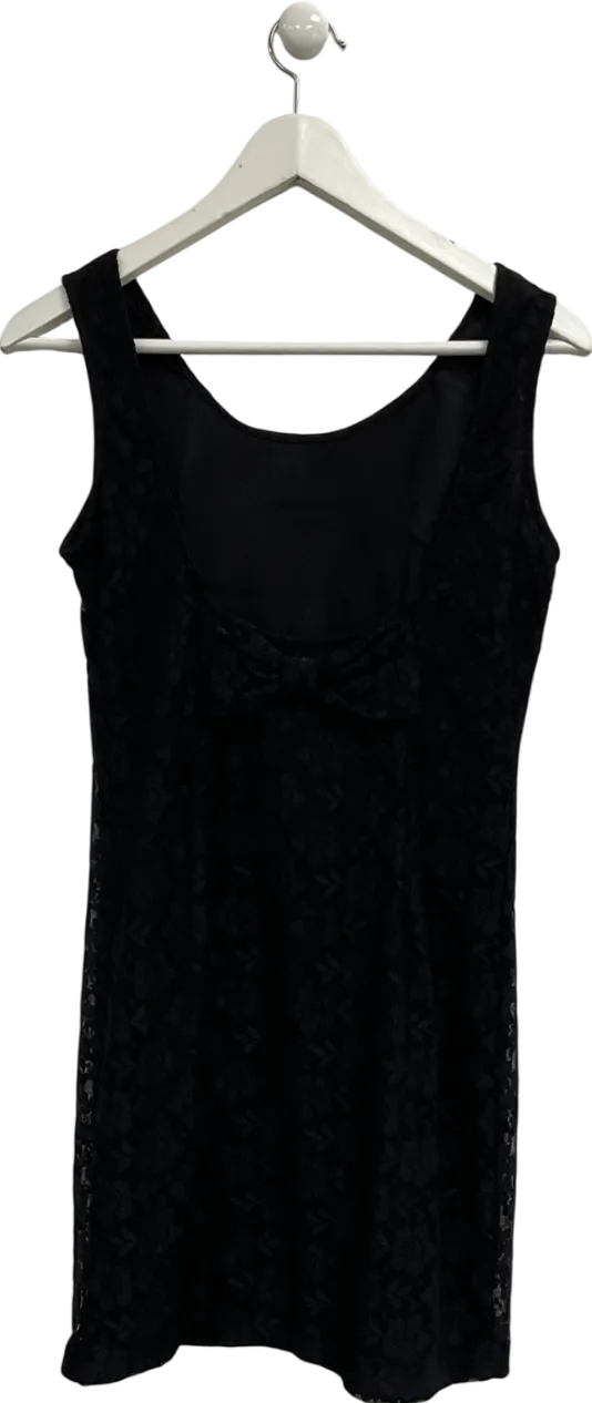 Fska Black Floral Lace Sleeveless Mini Dress, Low Cut Back With Bow Detailing UK M