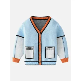 Kids Light Blue with Striking Orange Cardigan Sweater V neck