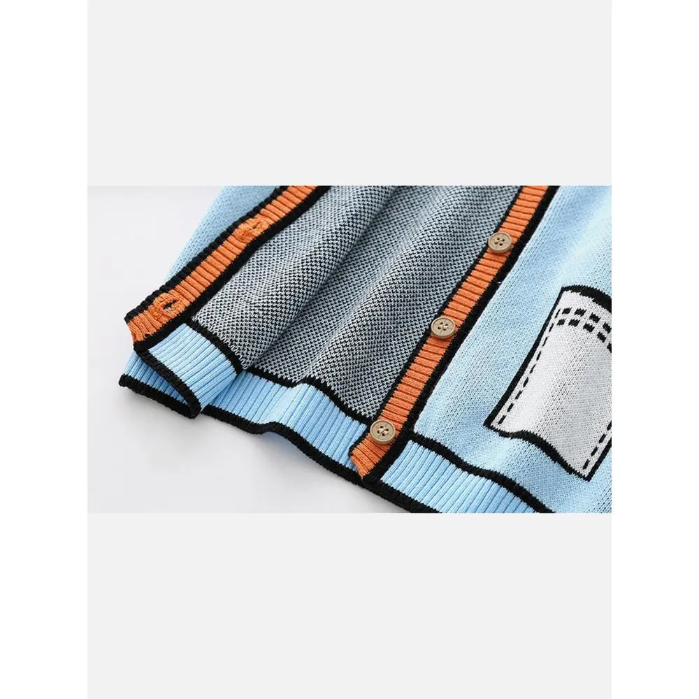 Kids Light Blue with Striking Orange Cardigan Sweater V neck
