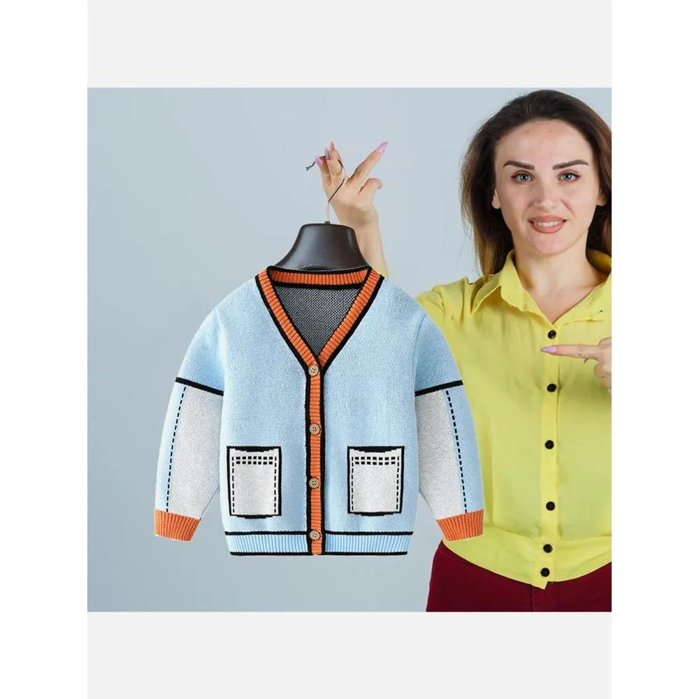 Kids Light Blue with Striking Orange Cardigan Sweater V neck