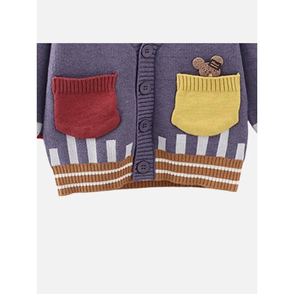 Kids Muave Cardigan Sweater V Neck With Front Pockets