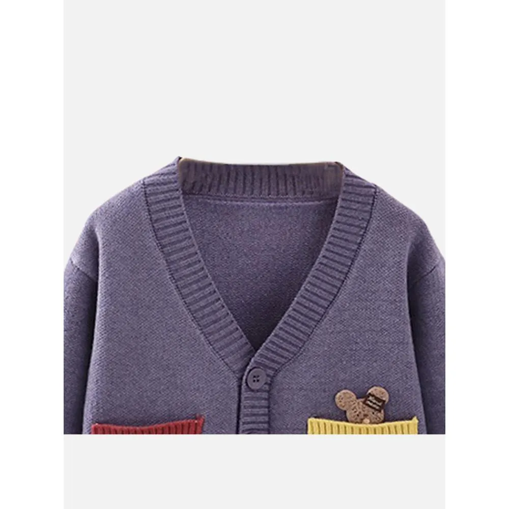 Kids Muave Cardigan Sweater V Neck With Front Pockets