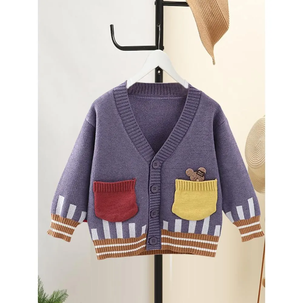 Kids Muave Cardigan Sweater V Neck With Front Pockets