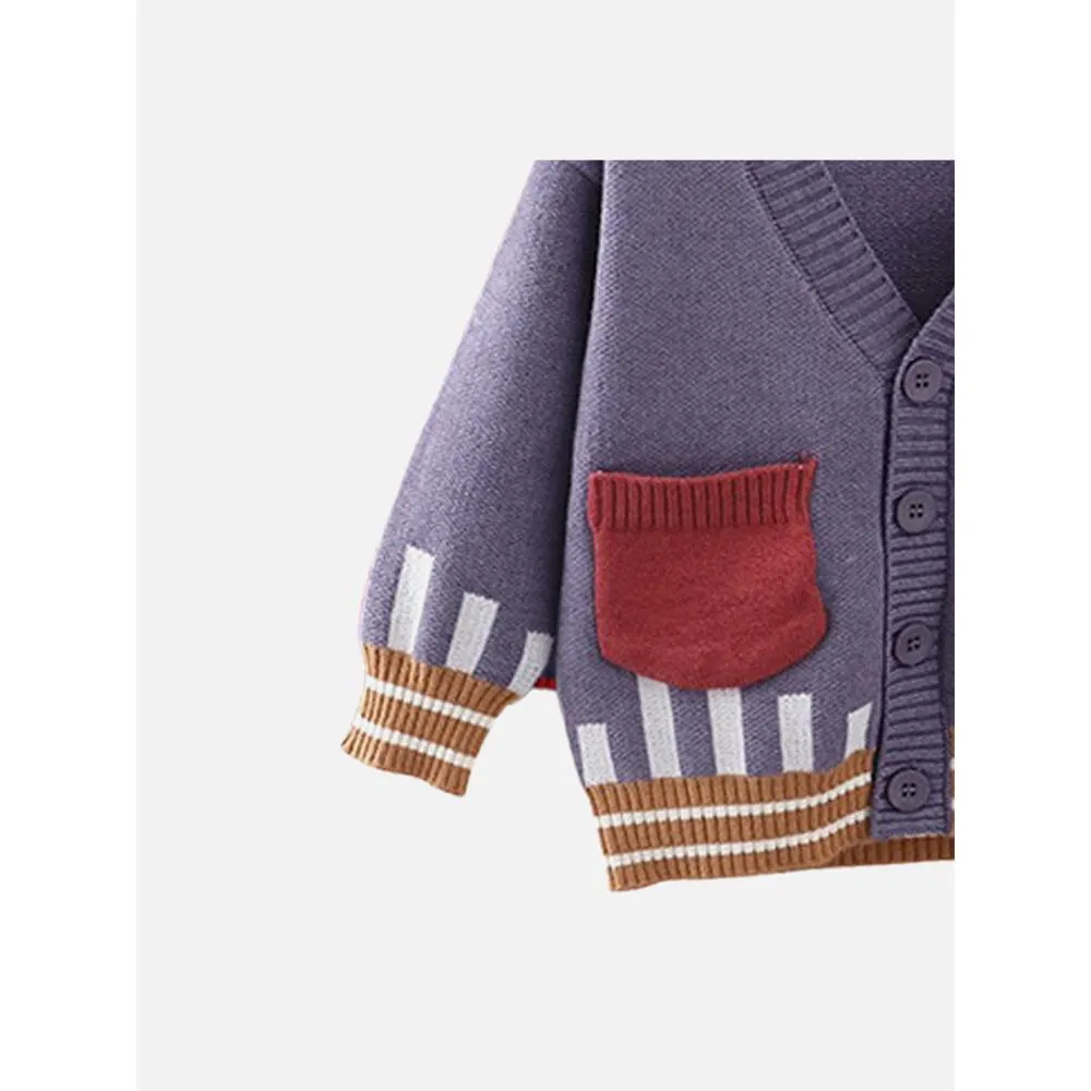 Kids Muave Cardigan Sweater V Neck With Front Pockets