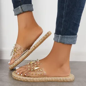 Sohiwoo  Women's Clear Rivet Decor Flat Slippers Slide Sandals