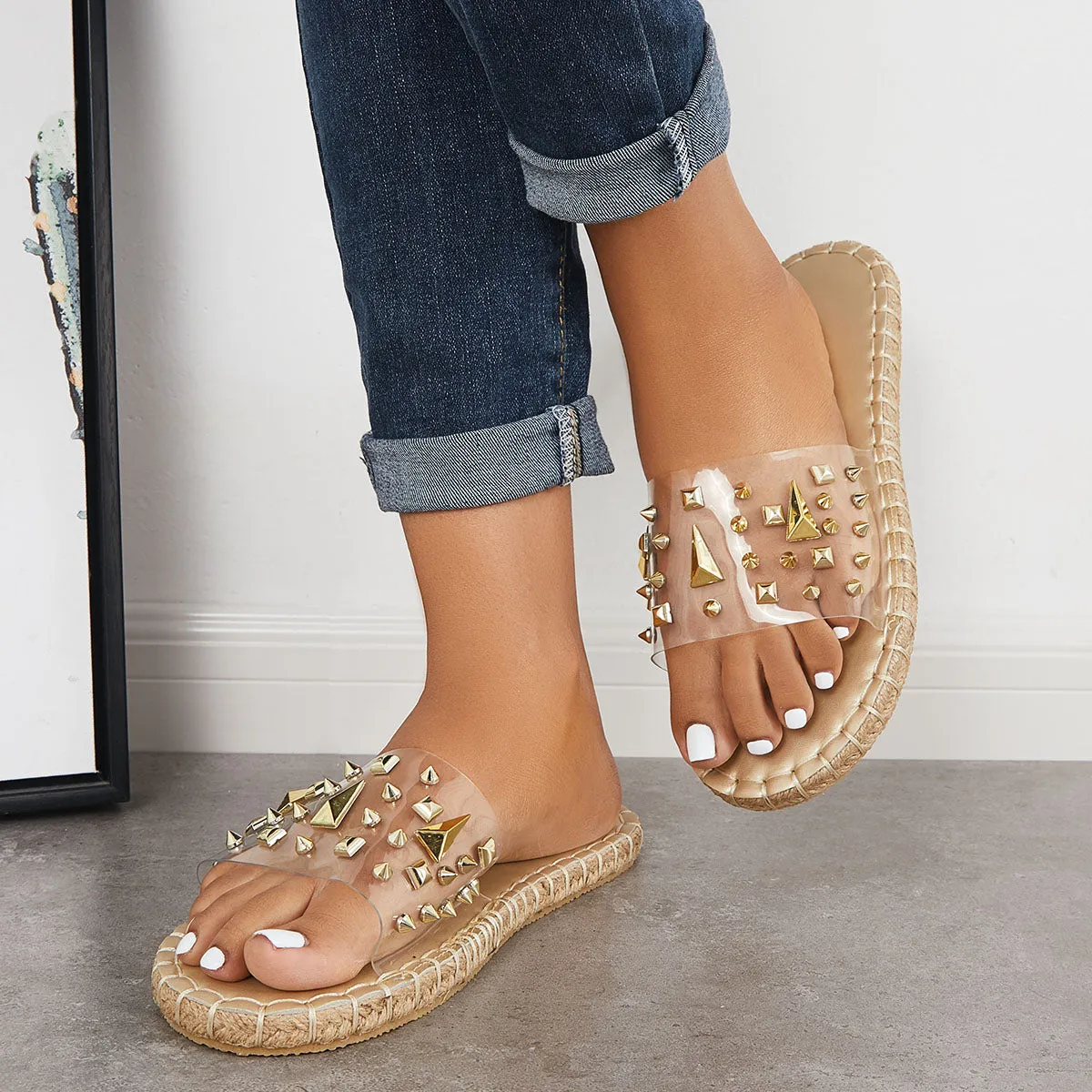 Sohiwoo  Women's Clear Rivet Decor Flat Slippers Slide Sandals