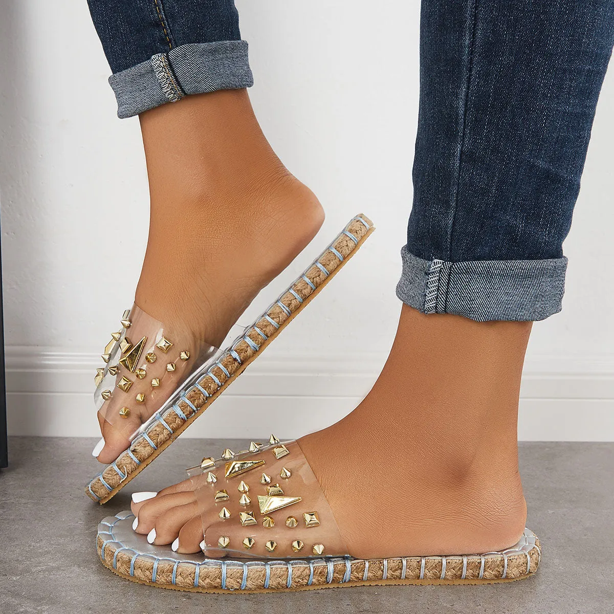 Sohiwoo  Women's Clear Rivet Decor Flat Slippers Slide Sandals