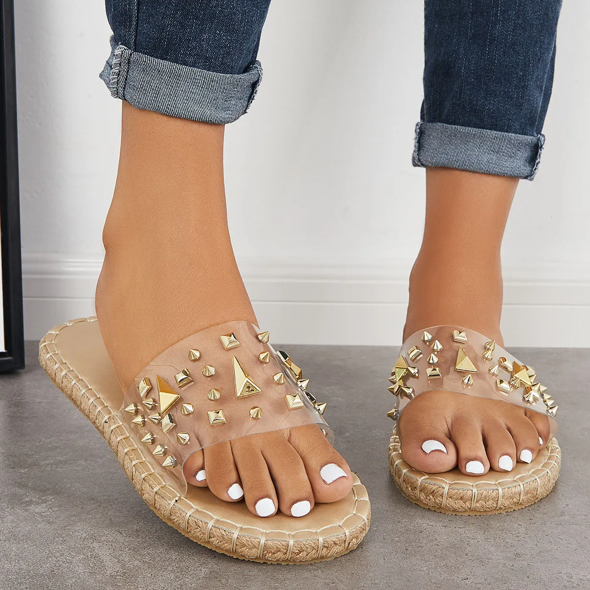 Sohiwoo  Women's Clear Rivet Decor Flat Slippers Slide Sandals
