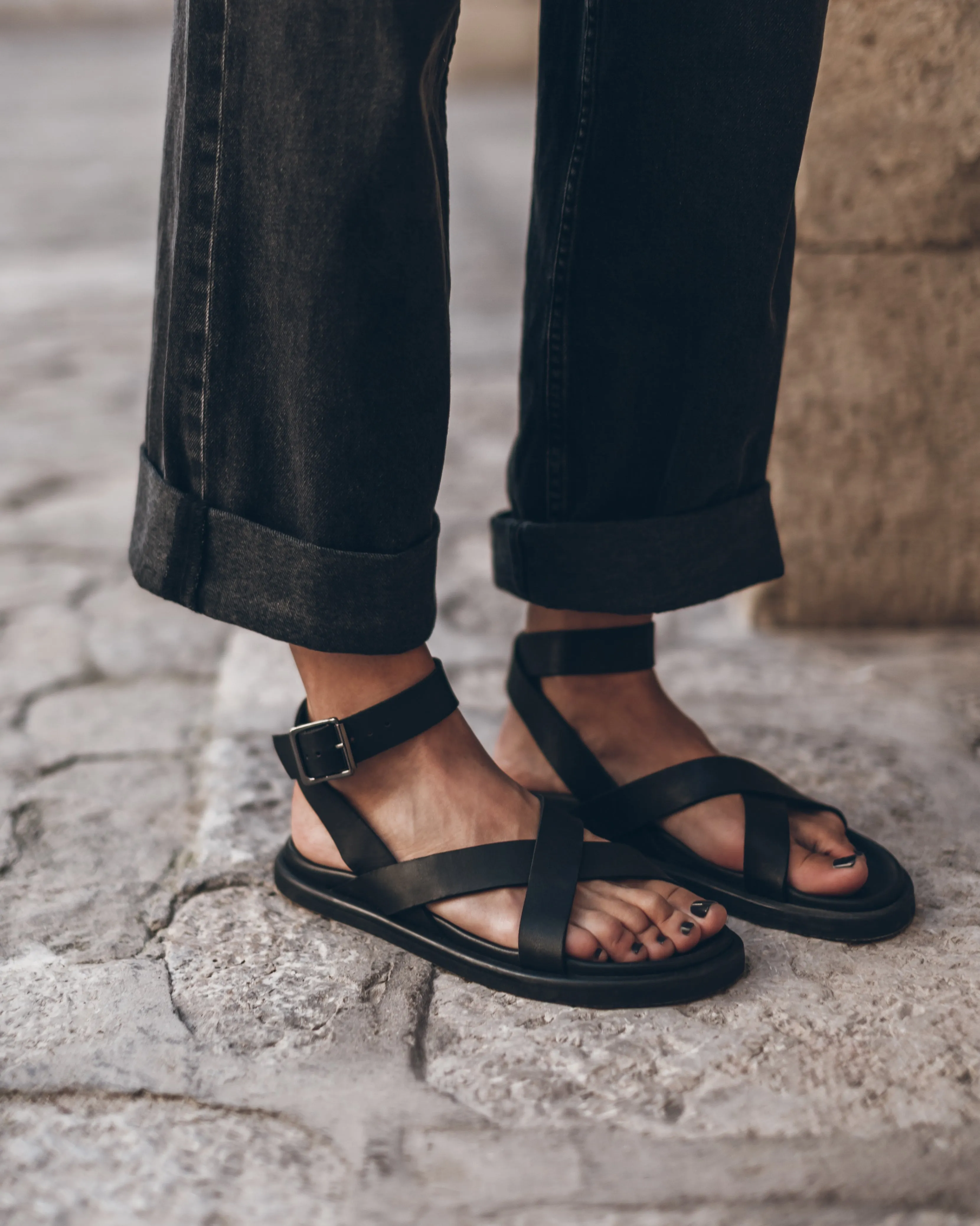 The Black Strappy Leather Sandals